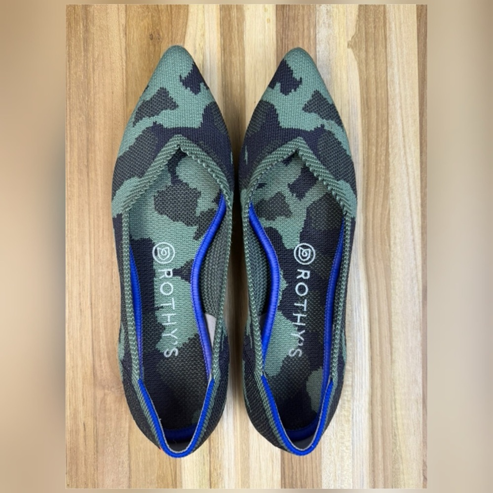 Rothy's Green and Black Camo Knit Pointed-Toe Slip-On Flats